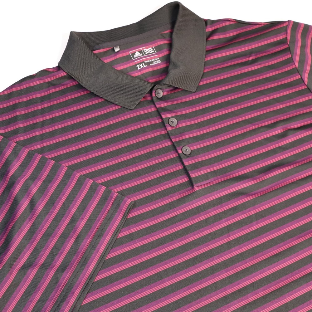 Adidas Golf Polo Shirt 2 XL Black Burgundy Striped Performance Casual Strech